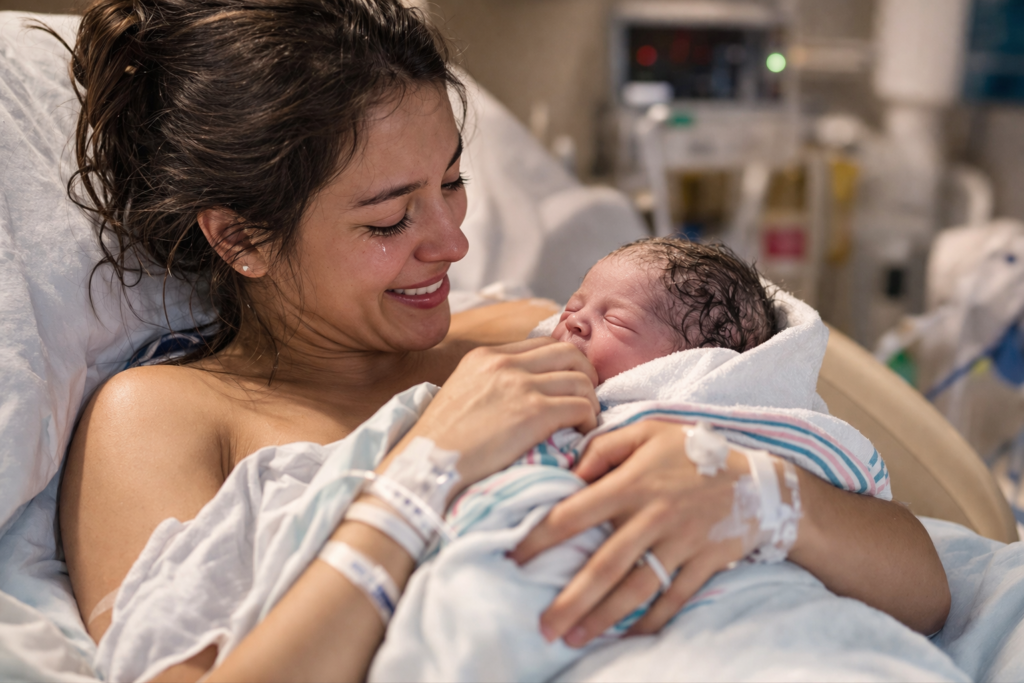 Mãe segurando bebê recém-nascido após o parto no momento do primeiro contato