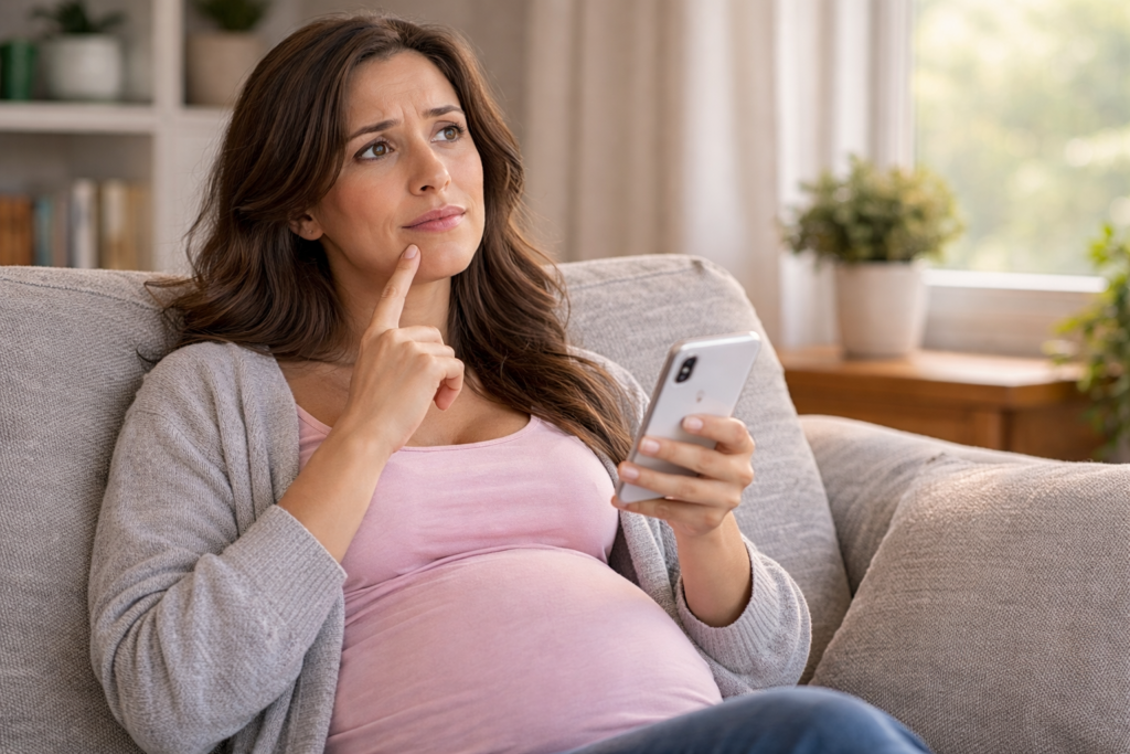 Gestante pesquisando dúvidas sobre calculadora gestacional e semanas de gravidez no celular