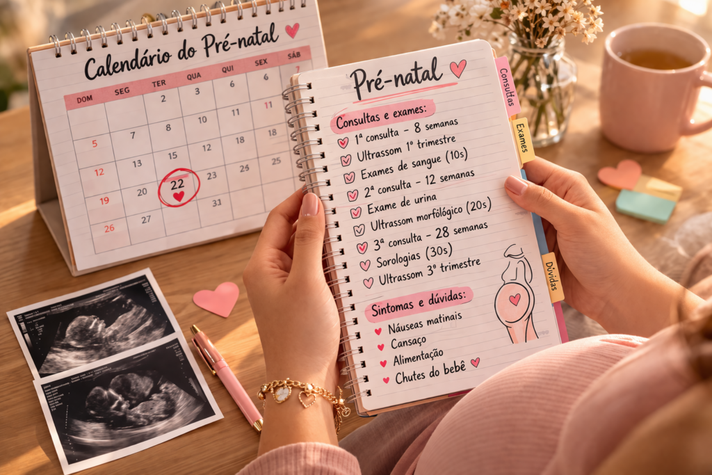 Gestante anotando informações do pré-natal com calendário de semanas de gravidez