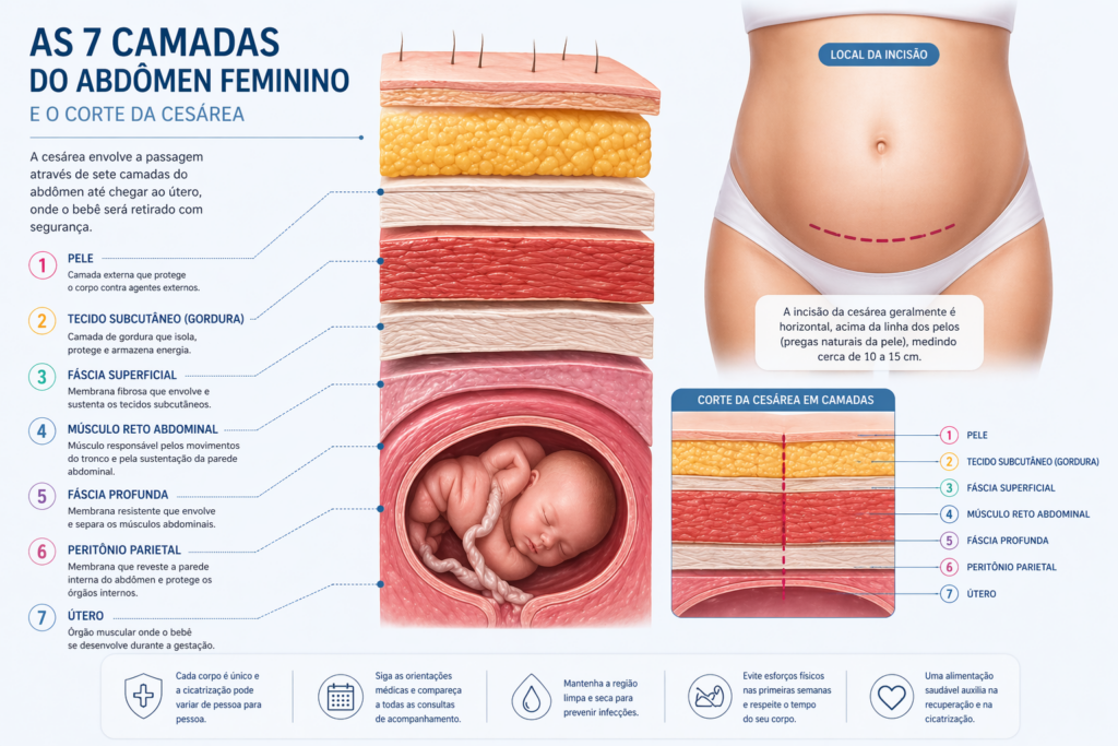Ilustração das camadas do abdômen que são cortadas durante a cesárea e precisam cicatrizar internamente