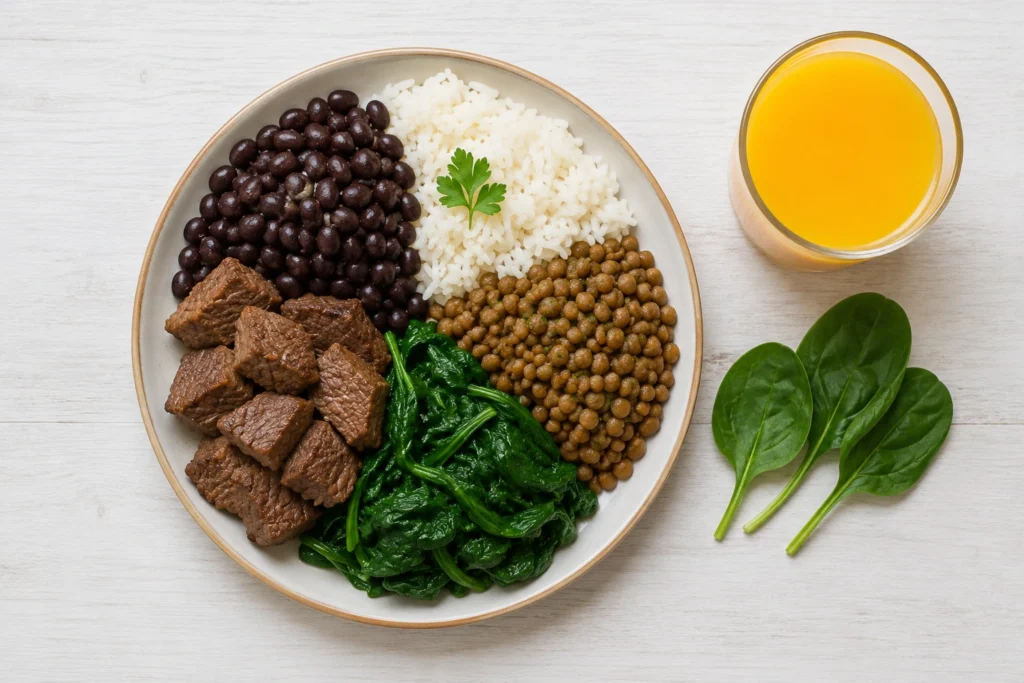 alimentos ricos em ferro na gestação – feijão, espinafre, carne e laranja para prevenir anemia gestacional