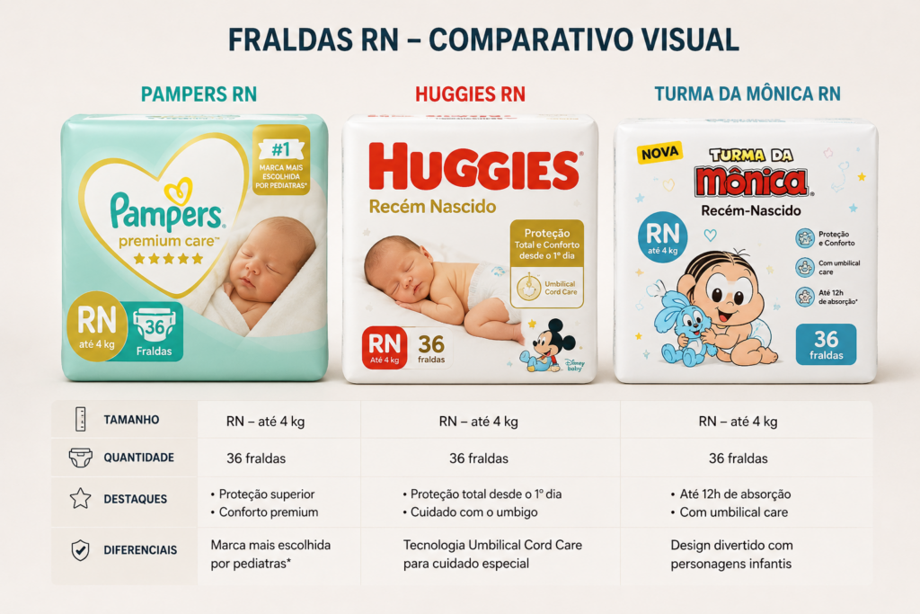 marcas de fraldas para recém-nascido - Pampers Huggies e Turma da Mônica RN