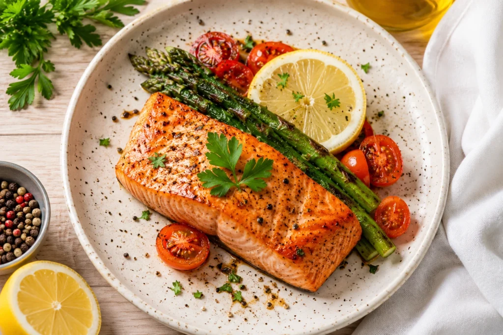 ômega-3 DHA para gestantes – prato com peixe rico em DHA para o desenvolvimento cerebral do bebê