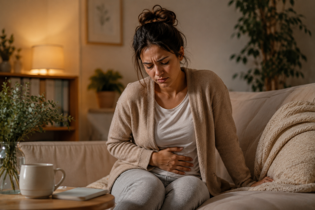 sintomas de saco gestacional expelido – mulher com dor abdominal e cólica no início da gravidez