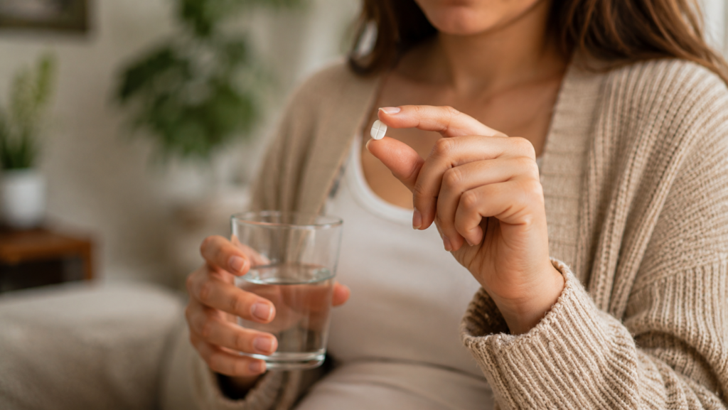 Mulher segurando um comprimido com cuidado, avaliando o uso seguro de medicamentos. Grávida pode tomar paracetamol?