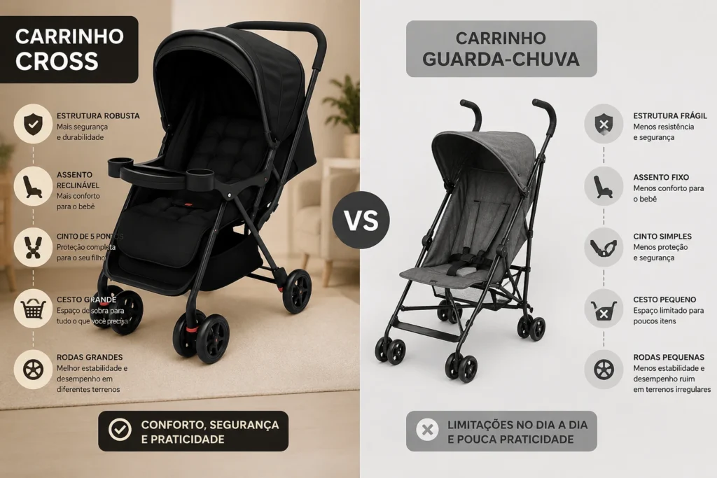 Comparativo visual entre a estrutura robusta do modelo Cross e um carrinho de bebê simples do tipo guarda-chuva.