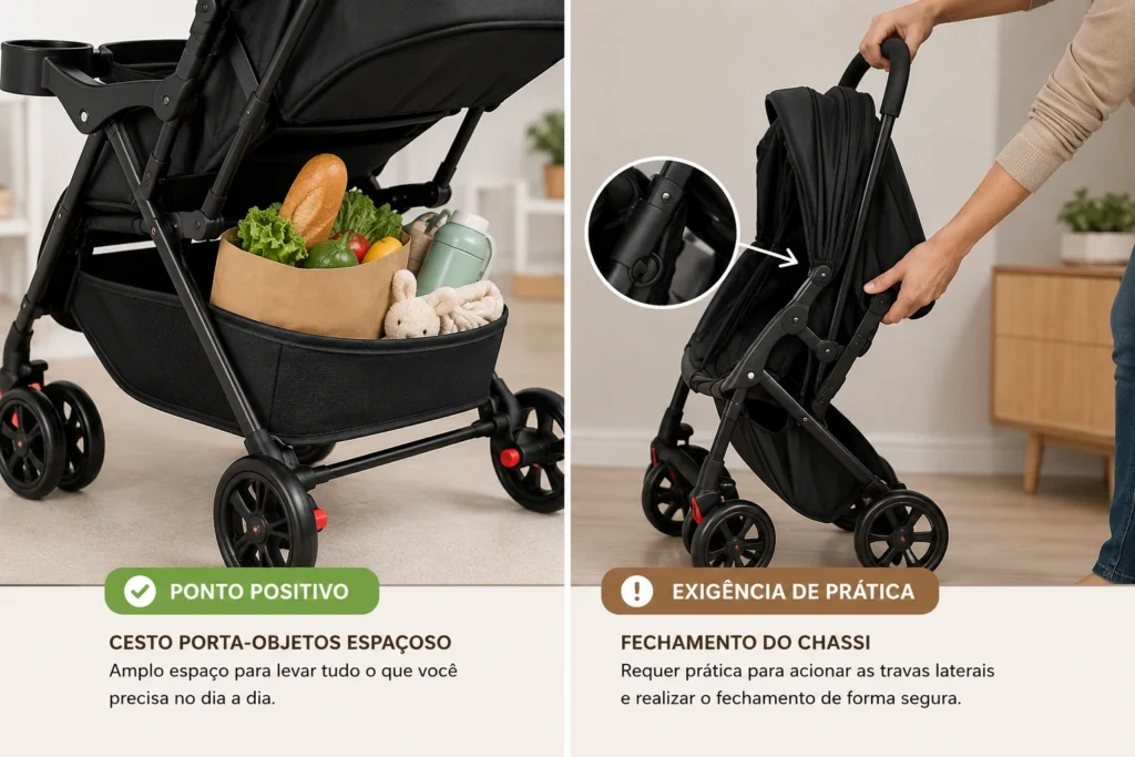 Detalhes funcionais do cesto inferior e das travas de fechamento do carrinho de passeio.