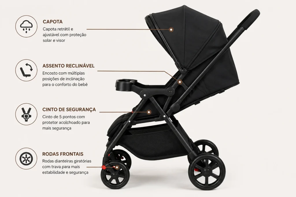 Visão geral técnica de um carrinho de bebê com linhas indicando itens de segurança e conforto reguláveis.