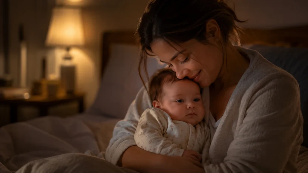 Mãe segurando o bebê no colo de forma carinhosa em um quarto com luz baixa e aconchegante.