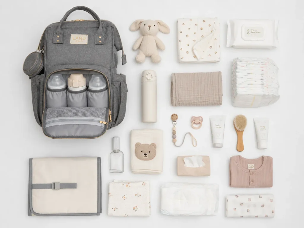 Organização interna de uma bolsa maternidade com bolsos térmicos para mamadeiras e itens de higiene infantil dispostos ordenadamente.