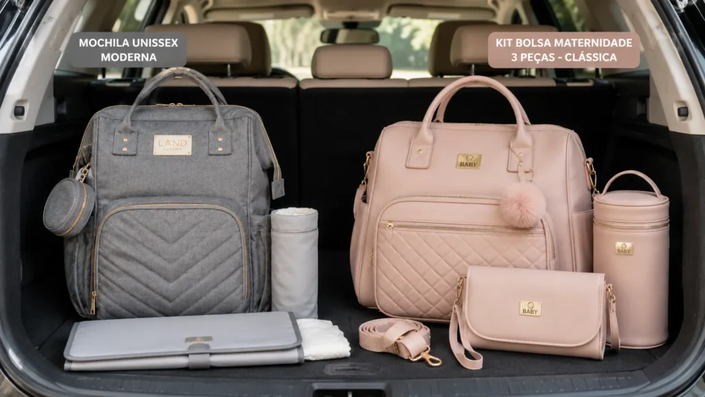 Comparação entre uma mochila maternidade moderna de tecido e um kit clássico de bolsas maternidade tradicionais em couro sintético.