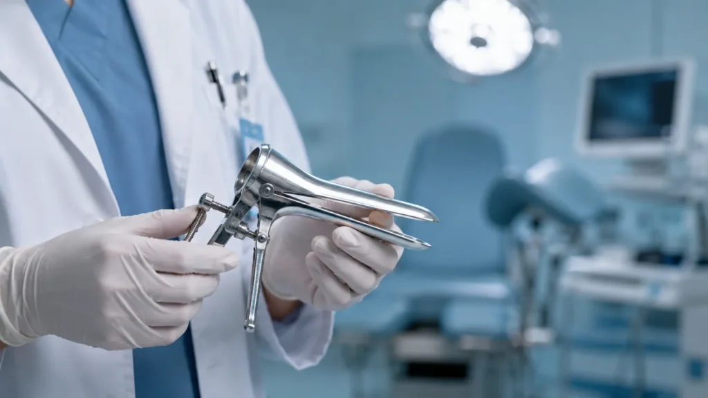 Instrumento fórceps seguro por mãos médicas em ambiente cirúrgico estéril, debatendo se o parto fórceps é permitido pela medicina.