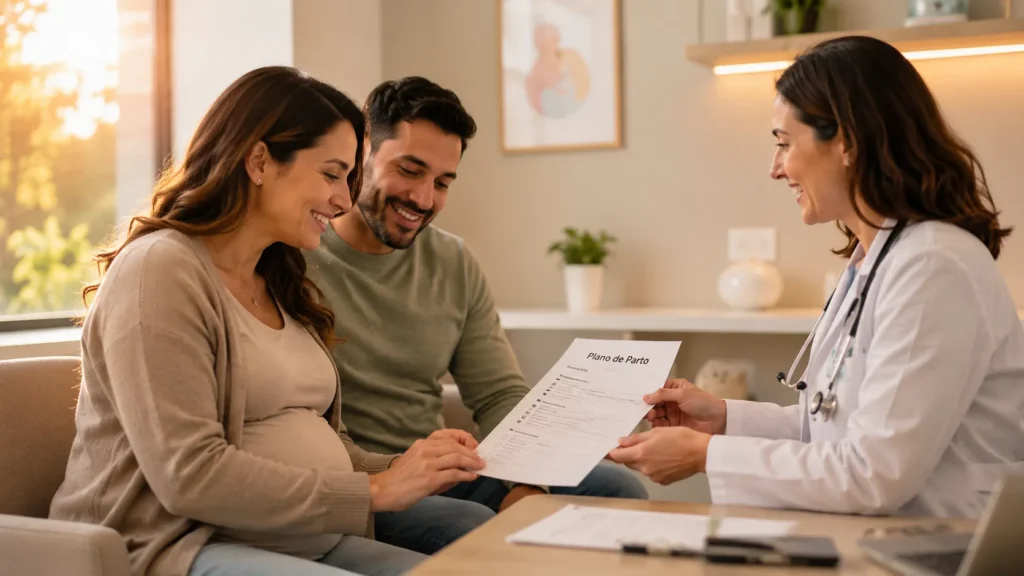 Casal em consulta de pré-natal analisando o plano de parto escrito com o médico obstetra.