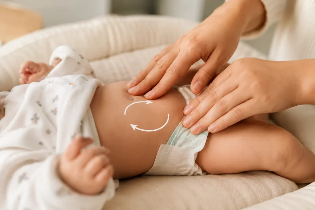 Massagem abdominal combinada com o uso de luftal para recem nascido para aliviar desconforto.