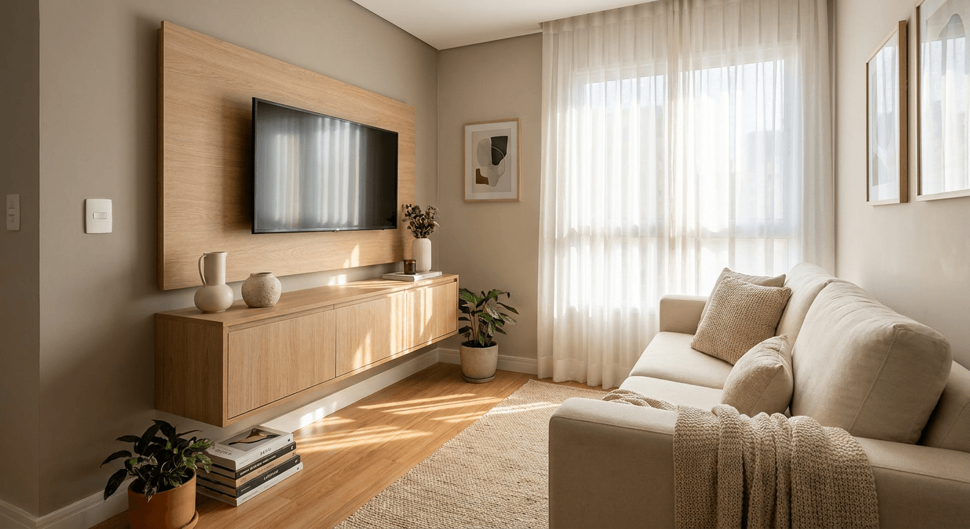 Modelo de rack para tv pequeno suspenso com painel em sala de estar clara de apartamento compacto.