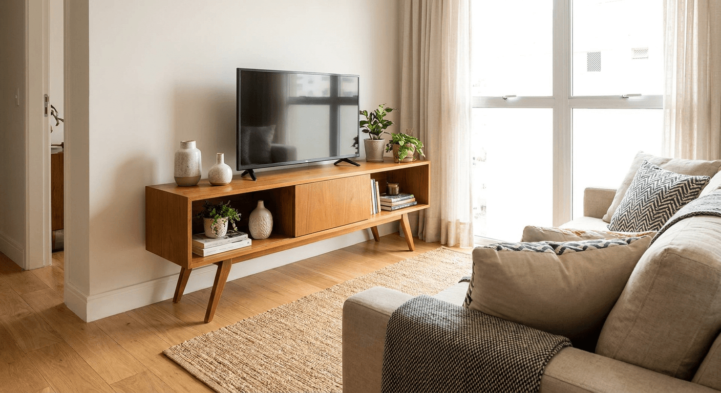 Ambiente acolhedor com rack para tv pequeno estilo retrô e pés palito de madeira em sala pequena.