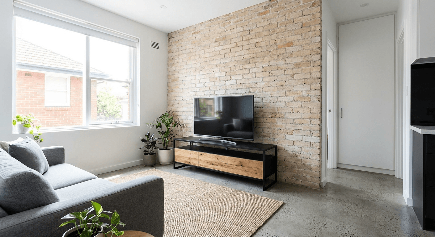 Sala moderna com rack para tv pequeno em estilo industrial com estrutura de metal preto e madeira.