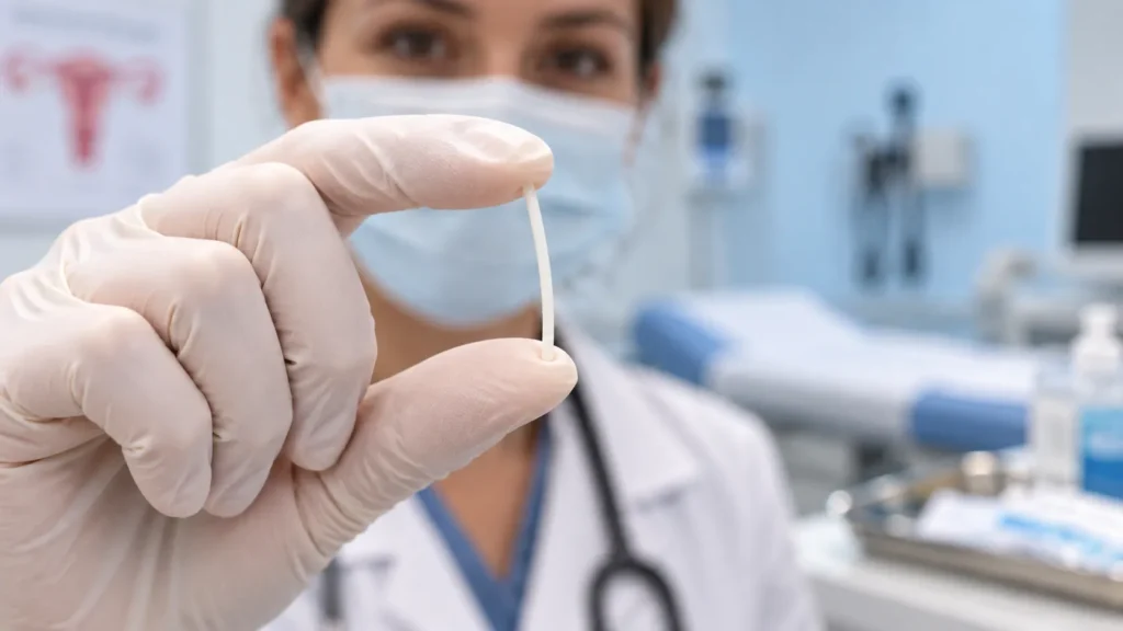 Implante contraceptivo subdérmico apresentado de forma ilustrativa.