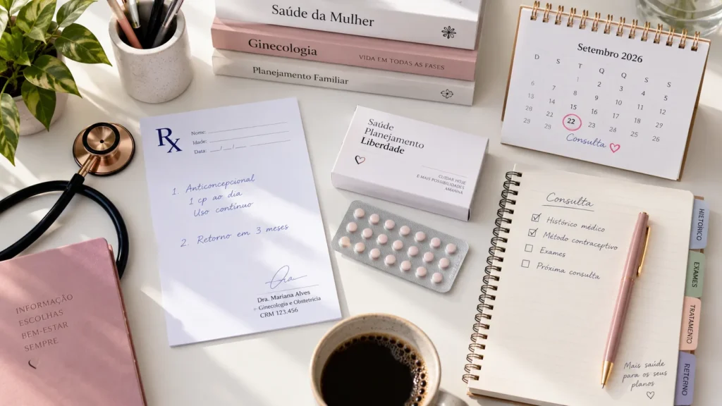 Medicamentos e orientações médicas relacionados ao uso de contraceptivo.